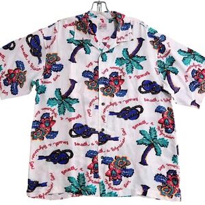 POI Hawaiian Aloha Shirt Mens L White Tropical Floral Palm Button Up Camp